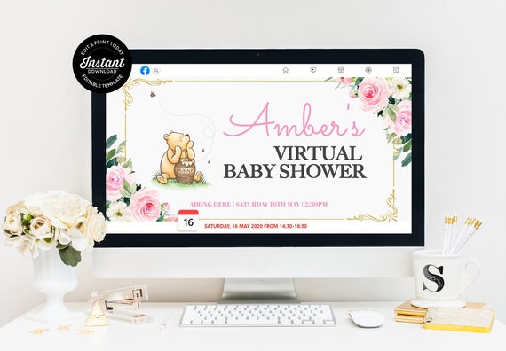 WINNIE the Pooh Virtual Baby Shower Facebook Event Cover Editable Template, Classic Pooh Bear Social Media Header Digital Download Banner Il_570xn