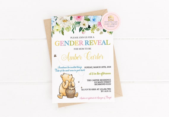 Winnie The Pooh Gender Reveal Baby Shower Invitation Template, Bear Gender Neutral Invite, Classic Pooh Baby Reveal Shower, He or She Invite Il_570xn