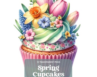 Spring Cupcake Clipart, Floral Digital Art, Printable Cake Illustrations, Scrapbooking Supplies, Craft Graphics, 12x12 300 DPI PNG