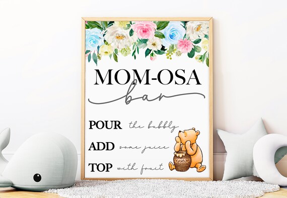 Gender Neutral Winnie The Pooh Mom-osa Bar Sign, Classic Pooh Bear Printable Baby Shower Decor, Instant Download Baby Shower Mimosa Bar Sign Il_570xn