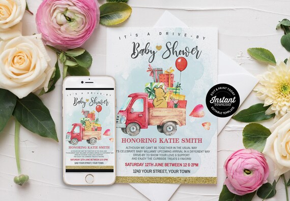 Winnie Pooh Drive By Baby Shower Invitation - Classic Pooh Bear Social Distancing Shower Editable Invitation Template - Instant Download Il_570xn