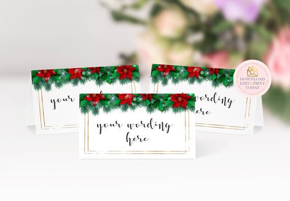 Elegant Christmas Tent Cards, Poinsettia Xmas Place or Name Cards, Christmas Buffet Cards, Instant Download Christmas Table Decoration Il_570xn