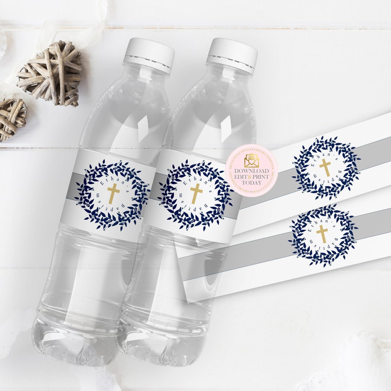 Gold Baptism Water Bottle Labels Christening Printable Water Etsy