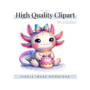 Axolotl Birthday Clipart, Rainbow Celebration Axolotl PNG, 300 DPI, Festive 12x12 Digital Image, Commercial Use Watercolor Axolotl Clip Art