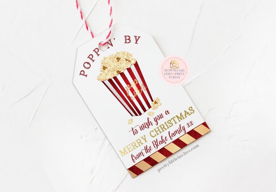 Christmas Popcorn Gift Tag Printable, DIY Editable Holiday Favor Tag, Secret Santa Coach or Teacher White Elephant Hang Tag Template Il_570xn