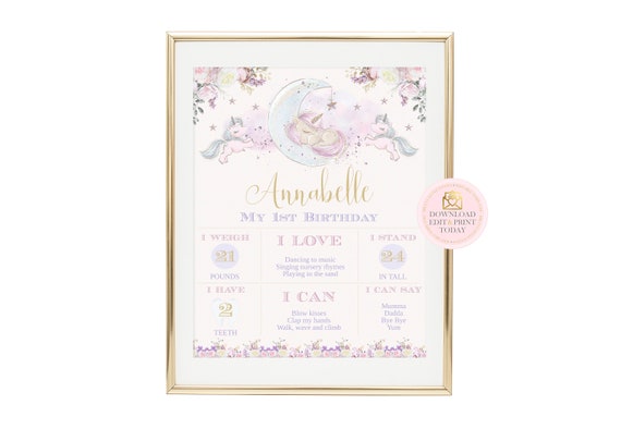 Editable Unicorn Milestone Poster, Unicorn Birthday, Unicorn, 1st Birthday Poster, Floral, Unicorn 1st Birthday, INSTANT DOWNLOAD, Corjl Il_570xn