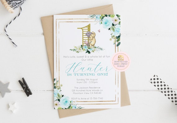 Winnie The Pooh Boy First Birthday Invitation Classic Winnie Pooh Invitation Template Pooh Bear Party Invitation Pooh & Piglet Blue Floral Il_570xn