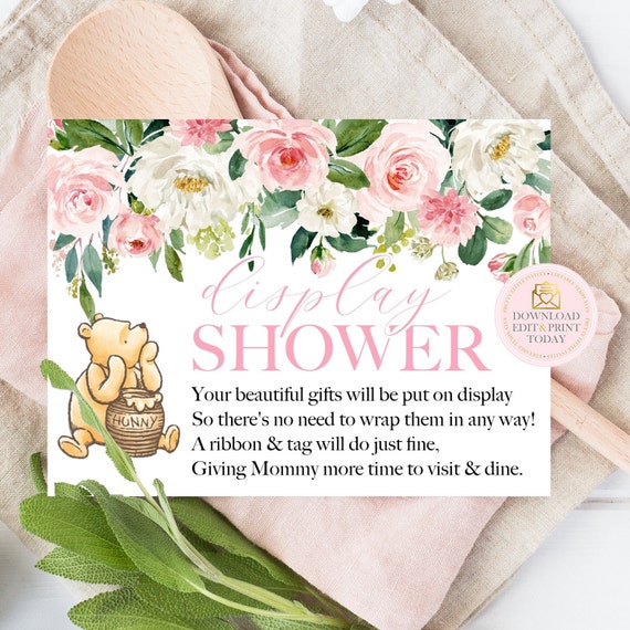 Pink Floral Vintage Winnie the Pooh Display Card Baby Shower Insert, Girl Baby Shower Display Template, DIY Baby Shower Card Printable Il_570xn
