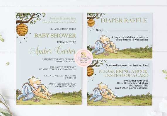 Blue Winnie the Pooh Baby Shower Pack Classic Pooh, Pooh Baby Shower, Winnie the Pooh Invitation, Bring a Book, Diaper Raffle, 3 Piece Suite Il_570xn