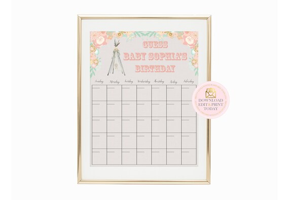 Due Date Calendar Baby Shower Game Boho Baby Shower Due Date Game Boho Chic Baby Shower Games Printable Guess Birth Date Guess Due Date Il_570xn