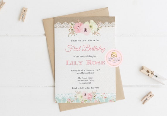 Shabby Chic Invitation, Girl Birthday Invitation, Printable Invitation, First Birthday Invitation, Vintage Invitation, Printable Invitation Il_570xn