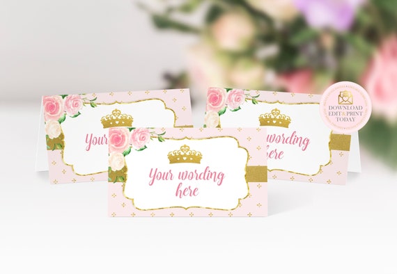 Princess Baby Shower Instant Download Princess Place Cards Princess Birthday Princess Pink and Gold Food Tent Cards Girls Baby Shower