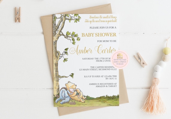 Winnie the Pooh Invitation, Classic Pooh Invitation, Baby Shower Invitation, Pooh, Pooh Bear, Pooh Invitation, Printable Invitation, White Il_570xn
