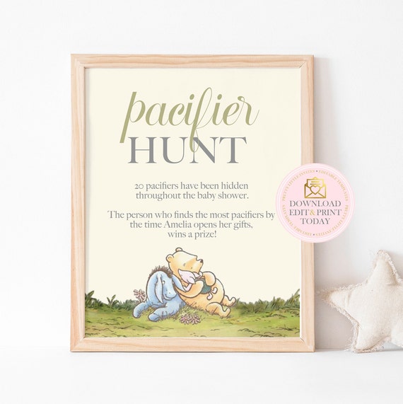 Hundred Acre Woods Pacifier Hunt Game Sign, Vintage Pooh Find The Pacifier Game, Fun Baby Shower Game, Baby Shower Scavenger Hunt Game, Il_570xn