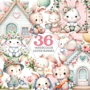 Cute Watercolor Easter Bunny Clipart Set, 36 Adorable Bunny Graphics, Digital Download for Scrapbooking, Crafts, Card Making