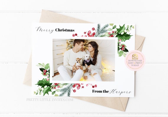 Greenery Christmas Photo Card, Family Holiday Xmas Template, We Wish You A Merry Christmas, Printable Digital Download, Instant Access Il_570xn
