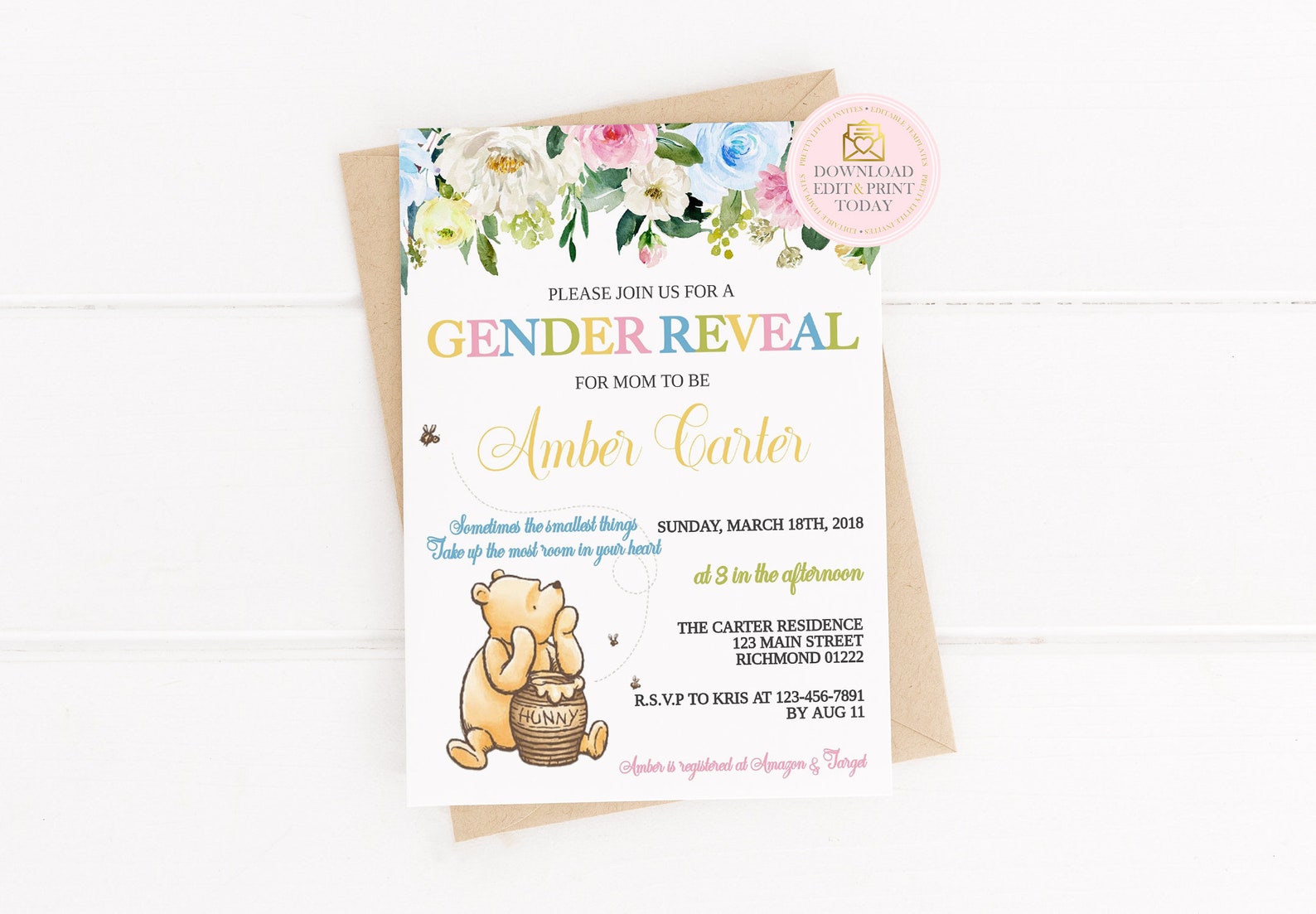 Winnie The Pooh Gender Reveal Baby Shower Invitation Template Etsy