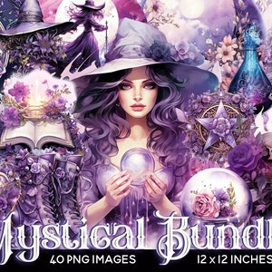 Mystical Witch Clipart Bundle: Purple Fantasy Witches (PNG Files)