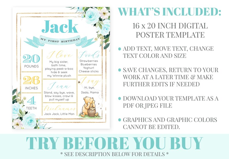 Boys 1st Birthday Sign Instant Download Winnie Pooh First Birthday Milestone Poster Blue Yellow Floral Memory Board Editable Template