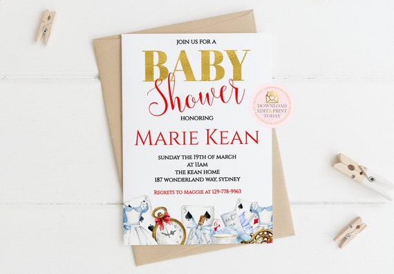 Alice In Wonderland Baby Shower Invitation, INSTANT DOWNLOAD, Tea Party, Printable Invitation, Baby Shower Invite, Tea Party Invitation Il_570xn