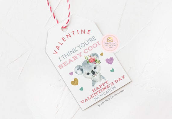 Koala Valentines Day Gift Tags, Beary Cool Australian Animal Printable Editable Kids Classroom Valentine Favor For Friends, Classmates Il_570xn