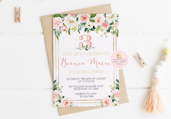 INSTANT DOWNLOAD Peach Invitation, Peach Birthday Invitation, Peach Printable Invitation, Bridal Shower, Baby Shower, Templett, Gold, Floral Il_570xn