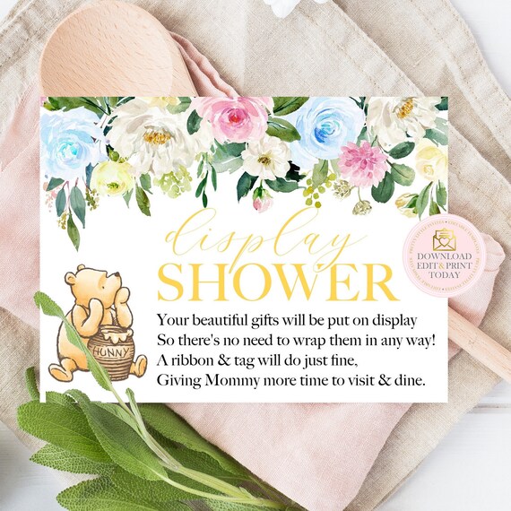 Winnie Pooh Display Card Classic Pooh Bear Baby Shower Insert Unwrapped Gift Editable Template DIY No Gift Wrap Printable Gifts On Display Il_570xn