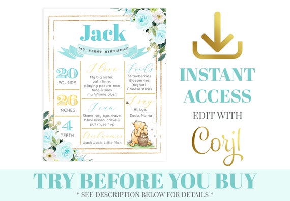 Boys 1st Birthday Sign Instant Download Winnie Pooh First Birthday Milestone Poster Blue Yellow Floral Memory Board Editable Template