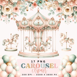 Conjunto de clipart de carrossel vintage, blush rosa hortelã verde e ouro pastel Merry Go Round Horses, download digital, design de convite para festa de aniversário