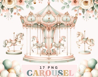 Vintage Carousel Clipart Set, Blush Pink Mint Green & Gold Pastel Merry Go Round Horses, Digital Download, Birthday Party Invitation Design