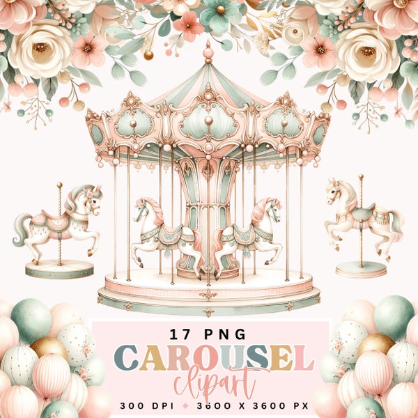 Vintage Carousel Clipart Set, Blush Pink Mint Green & Gold Pastel Merry Go Round Horses, Digital Download, Birthday Party Invitation Design