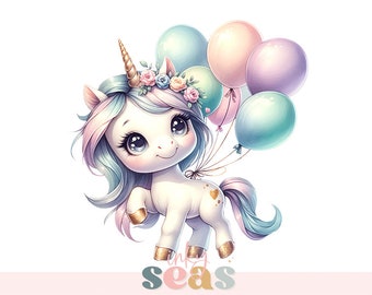 Cute Unicorn Clipart with Balloons, Pastel Digital Download, Birthday Party Decoration, Kids Printable, Baby Shower Graphic Design