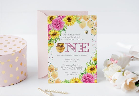 Bee Birthday Invitation, Bee 1st Birthday Invite, Little Hunny Editable Template, Bumble Bee Birthday, Honey Bee Girls Birthday Invite Il_570xn