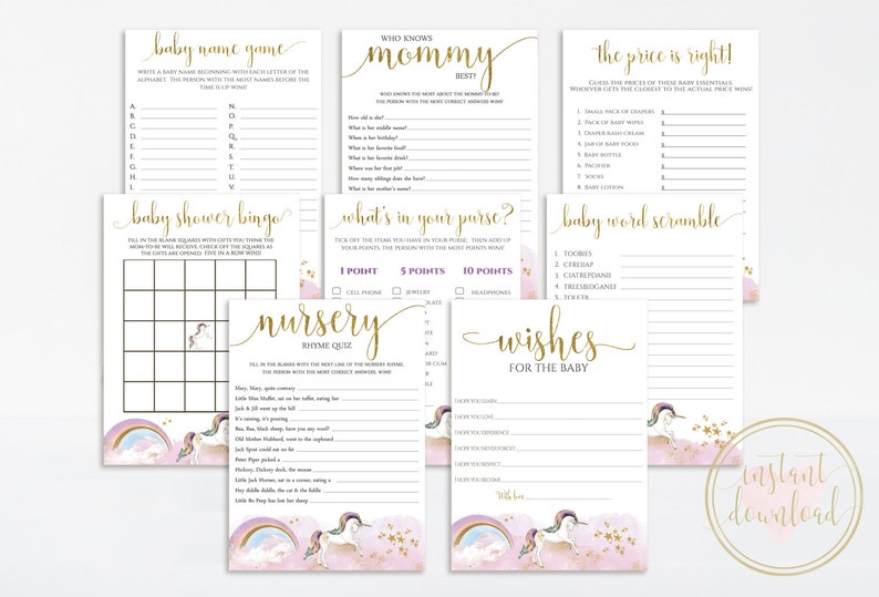 Unicorn Baby Shower Game Bundle Printable Games Baby Shower - Etsy ...