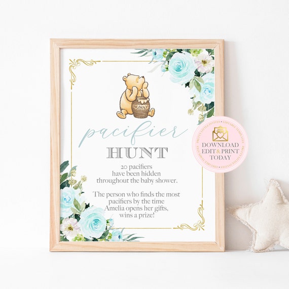 Winnie The Pooh Scavenger Hunt Game, Find The Pacifier Game, Classic Pooh Baby Shower Pacifier Hunt Game Sign, Fun Baby Shower Game Il_570xn