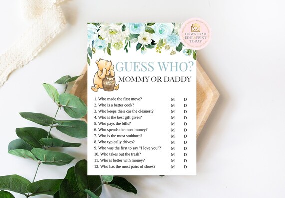 Vintage Winnie Pooh Baby Shower Guess Who Mommy Or Daddy Game, Classic Pooh Bear Fun Shower Game, Watercolor Floral Boy Baby Shower Activity Il_570xn