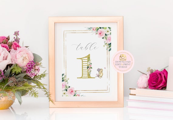 Winnie Pooh Table Numbers, Pink Gold Watercolor Floral Table Number Editable Template, Classic Pooh Printable Numbers For Baby Shower Table Il_570xn