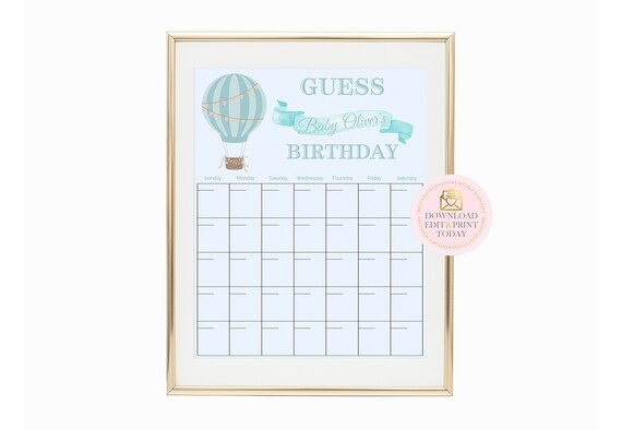 Hot Air Balloon Due Date Calendar, Baby Shower Prediction Calendar, Balloon Theme, Up Up and Away Shower Game, Editable, INSTANT DOWNLOAD, Il_570xn