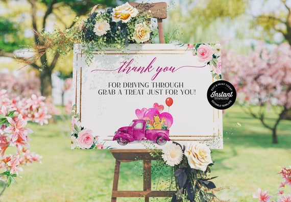 Winnie The Pooh Drive By Party Thank You Sign, Classic Pooh Bear Baby Shower Editable Sign, Pink Floral Social Distancing Birthday Poster Il_570xn