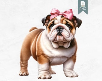 Cute Bulldog Clipart with Pink Bow, Digital Download, Transparent PNG, Dog Illustration, Animal Graphics, Printable Pet Art, Scrapbooking