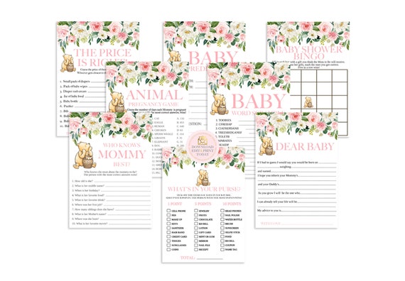 Pink Vintage Winnie Pooh Baby Shower Games Classic Pooh Pack Bingo Dear Baby Purse Game Baby Predictions The Price Is Right Word Scramble Il_570xn