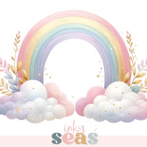 Pastel arco iris y nubes clipart, descarga digital, decoración de guardería, gráficos de baby shower, suministros de scrapbooking, arte de pared imprimible