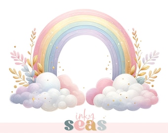 Pastel Rainbow and Clouds Clipart, Digital Download, Nursery Decor, Baby Shower Graphics, Scrapbooking Supplies, Printable Wall Art