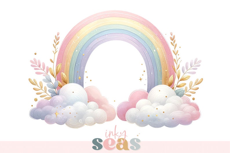 Pastel Rainbow and Clouds Clipart, Digital Download, Nursery Decor, Baby Shower Graphics, Scrapbooking Supplies, Printable Wall Art image 1