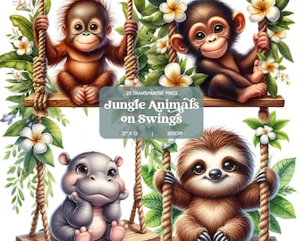 Jungle Animals On Swings Clipart, Watercolor Baby Animals, Whimsical Safari Animals, Printable Kids Room Decor, Monkey, Sloth, Orangutan PNG