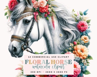 Floral Horse Clipart, Digital Download, Equine Printable Art, Horse with Flowers Illustration, Boho Chic Decor, Scrapbooking PNG Files