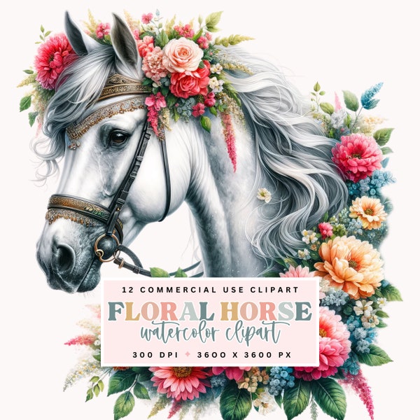 Floral Horse Clipart, Digital Download, Equine Printable Art, Horse with Flowers Illustration, Boho Chic Decor, Scrapbooking PNG Files