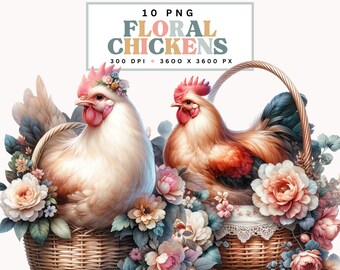 Watercolor Chicken Clipart, Farm Animal Digital Download, Floral Basket PNG Files, Printable Rustic Decor, Spring Country Illustration