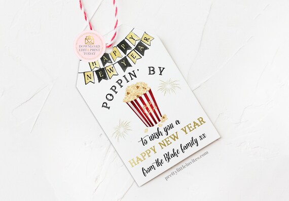 Printable Popcorn Gift Tags, DIY Editable Holiday Favor Tag, Happy New Year Hang Tag Template, NYE Party Decor, 2020 Mason Jar Tag Il_570xn