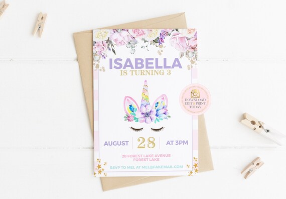 Pink Unicorn Invitation, Unicorn Birthday, Unicorn Party, Unicorn Birthday Invitation, Pink and Gold, Unicorn Invite, INSTANT DOWNLOAD, Pink Il_570xn